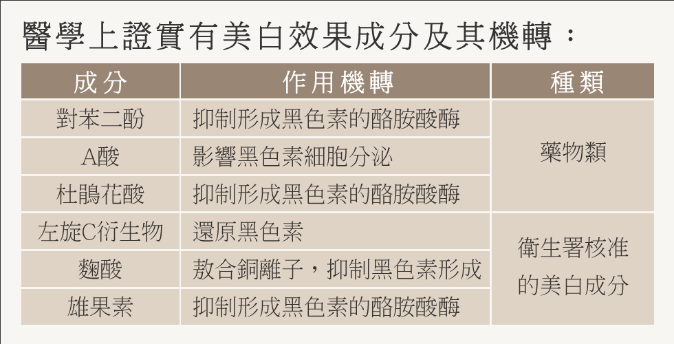 以上的圖表，是現在醫學上證實有美白效果成分及其機轉。